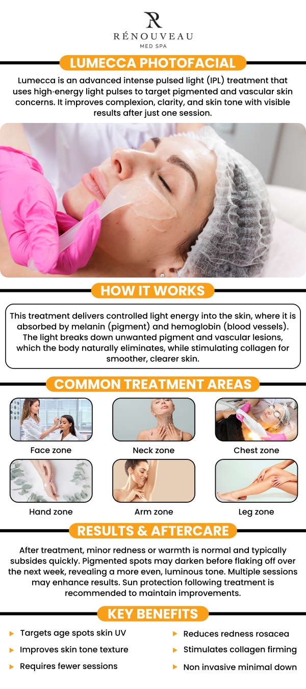 Lumecca photofacial can rejuvenate and restore multiple areas of the skin. Lumecca is the most potent intense pulsed light (IPL) treatment for pigmented brown and red patches as well as for vascular skin diseases. Dr. Naini MD., offers Lumecca photo facial treatment at Renouveau Med Spa that brightens skin complexion, minimizes skin imperfections, and helps clients seem more youthful. For more information schedule a consultation or contact us today. We are conveniently located at 11600 Washington Place, Suite 106, Los Angeles, CA 90066. Lumecca photofacial can rejuvenate and restore multiple areas of the skin. Lumecca is the most potent intense pulsed light (IPL) treatment for pigmented brown and red patches as well as for vascular skin diseases. Dr. Naini MD., offers Lumecca photo facial treatment at Renouveau Med Spa that brightens skin complexion, minimizes skin imperfections, and helps clients seem more youthful. For more information schedule a consultation or contact us today. We are conveniently located at 11600 Washington Place, Suite 106, Los Angeles, CA 90066.