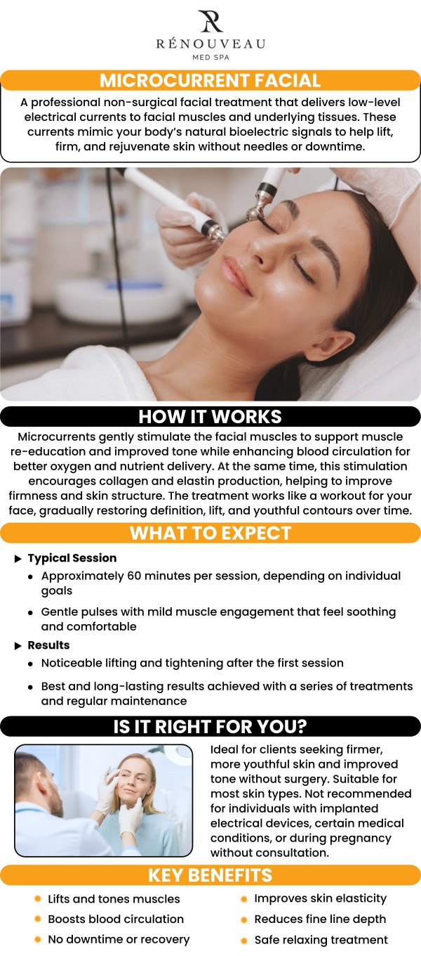 A microcurrent facial is a noninvasive and secure procedure that stimulates the muscles and skin to provide a natural lift. Dr. Naini, MD at Renouveau Med Spa provides a microcurrent facial to assist in detoxifying, lifting, toning, and infusing the skin, giving you the ideal facelift/neck lift without surgical procedures. For more information, contact us today or book an appointment online. We are conveniently located at 11600 Washington Place, Suite 106, Los Angeles, CA 90066.