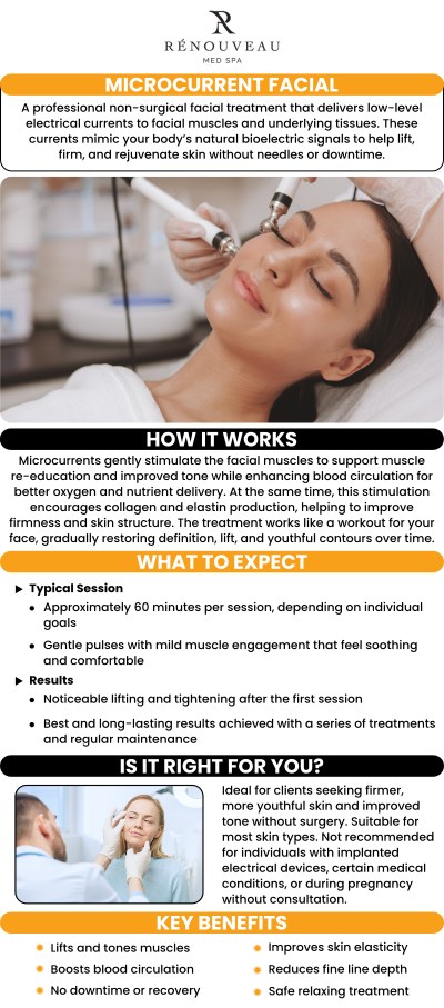 A microcurrent facial is a noninvasive and secure procedure that stimulates the muscles and skin to provide a natural lift. Dr. Naini, MD at Renouveau Med Spa provides a microcurrent facial to assist in detoxifying, lifting, toning, and infusing the skin, giving you the ideal facelift/neck lift without surgical procedures. For more information, contact us today or book an appointment online. We are conveniently located at 11600 Washington Place, Suite 106, Los Angeles, CA 90066.