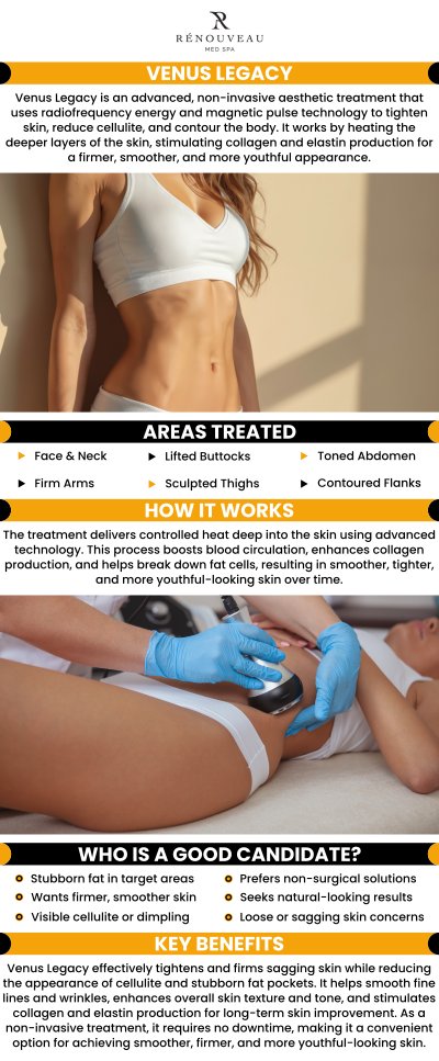 Venus Legacy technology uses advanced radiofrequency and magnetic pulse technology to tighten skin, reduce cellulite, and restore a youthful glow. At Renouveau Med Spa, led by Dr. Naini, this non-invasive treatment is used to address a variety of skin concerns, such as sagging, wrinkles, and loss of skin elasticity, resulting in firmer and smoother skin. Ideal for individuals seeking a non-surgical solution to enhance their skin's appearance, this treatment provides noticeable results with minimal downtime. For more information, contact us today or book an appointment online. We are conveniently located at 11600 Washington Place, Suite 106, Los Angeles, CA 90066. Venus Legacy technology uses advanced radiofrequency and magnetic pulse technology to tighten skin, reduce cellulite, and restore a youthful glow. At Renouveau Med Spa, led by Dr. Naini, this non-invasive treatment is used to address a variety of skin concerns, such as sagging, wrinkles, and loss of skin elasticity, resulting in firmer and smoother skin. Ideal for individuals seeking a non-surgical solution to enhance their skin's appearance, this treatment provides noticeable results with minimal downtime. For more information, contact us today or book an appointment online. We are conveniently located at 11600 Washington Place, Suite 106, Los Angeles, CA 90066.