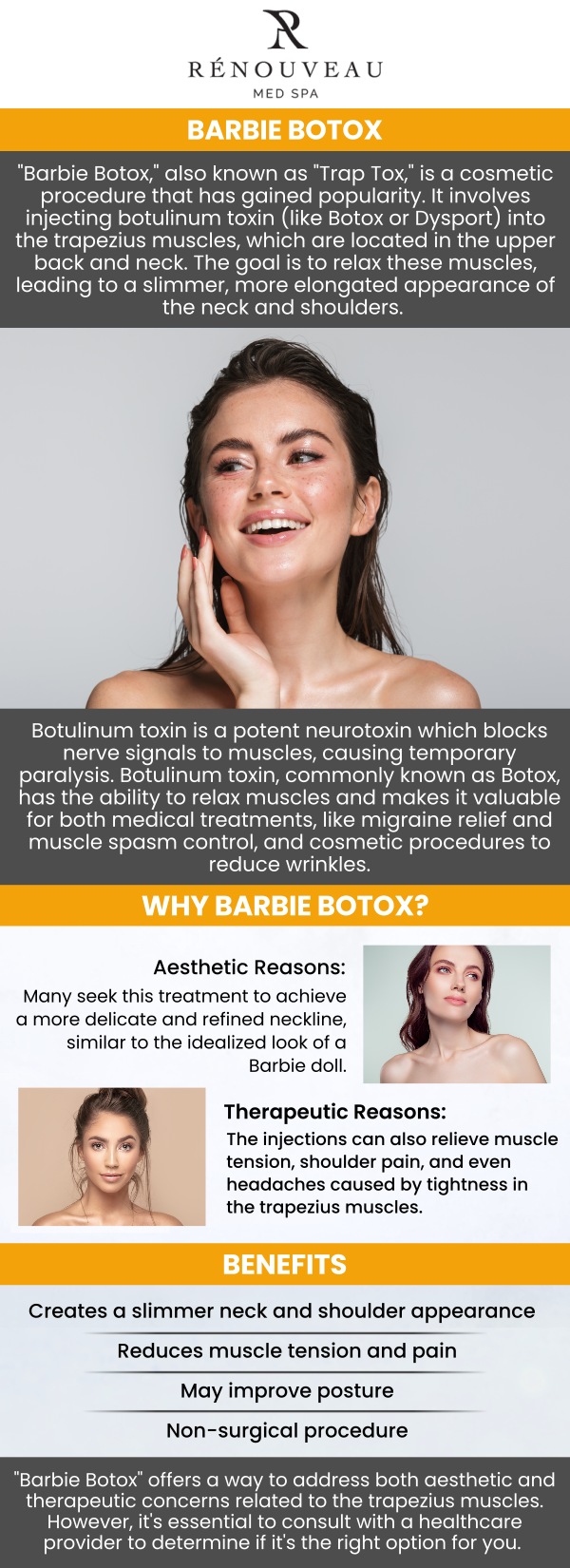 Common questions asked by patients: What is Barbie Botox/Trap Tox treatment, and how does it work? What are the benefits of Barbie Botox/Trap Tox treatment? How long do the results of Barbie Botox/Trap Tox treatment typically last? What should I expect during and after Barbie Botox/Trap Tox treatment? How does Renouveau Med Spa personalize Barbie Botox/Trap Tox treatment for clients in Culver City, CA? For more information, contact us today or book an appointment online. We are conveniently located at 11600 Washington Place, Suite 106, Los Angeles, CA 90066. Common questions asked by patients: What is Barbie Botox/Trap Tox treatment, and how does it work? What are the benefits of Barbie Botox/Trap Tox treatment? How long do the results of Barbie Botox/Trap Tox treatment typically last? What should I expect during and after Barbie Botox/Trap Tox treatment? How does Renouveau Med Spa personalize Barbie Botox/Trap Tox treatment for clients in Culver City, CA? For more information, contact us today or book an appointment online. We are conveniently located at 11600 Washington Place, Suite 106, Los Angeles, CA 90066.
