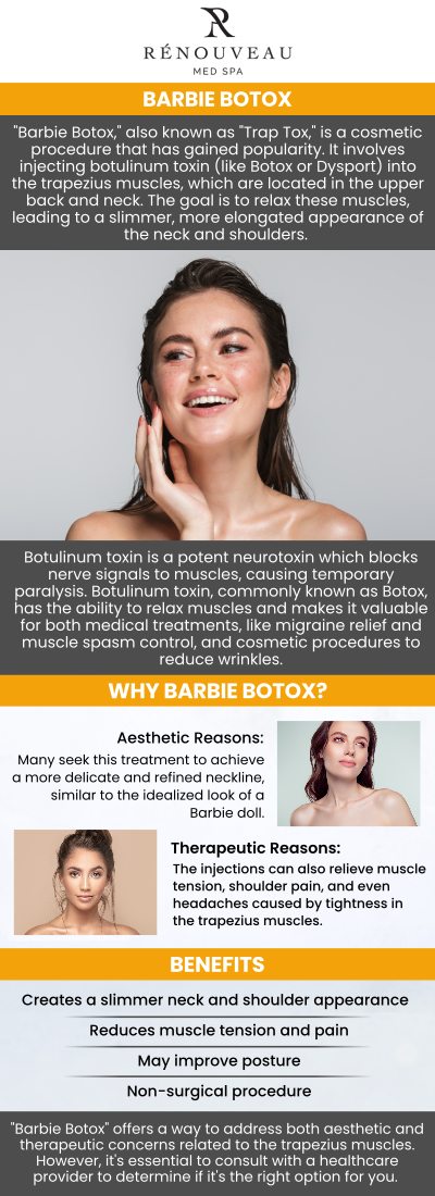 Common questions asked by patients: What is Barbie Botox/Trap Tox treatment, and how does it work? What are the benefits of Barbie Botox/Trap Tox treatment? How long do the results of Barbie Botox/Trap Tox treatment typically last? What should I expect during and after Barbie Botox/Trap Tox treatment? How does Renouveau Med Spa personalize Barbie Botox/Trap Tox treatment for clients in Culver City, CA? For more information, contact us today or book an appointment online. We are conveniently located at 11600 Washington Place, Suite 106, Los Angeles, CA 90066. Common questions asked by patients: What is Barbie Botox/Trap Tox treatment, and how does it work? What are the benefits of Barbie Botox/Trap Tox treatment? How long do the results of Barbie Botox/Trap Tox treatment typically last? What should I expect during and after Barbie Botox/Trap Tox treatment? How does Renouveau Med Spa personalize Barbie Botox/Trap Tox treatment for clients in Culver City, CA? For more information, contact us today or book an appointment online. We are conveniently located at 11600 Washington Place, Suite 106, Los Angeles, CA 90066.